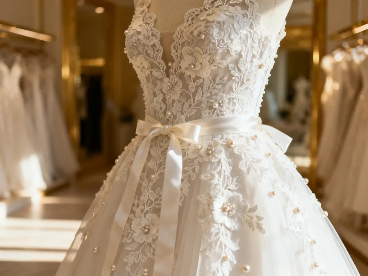 Zbliżenie na luksusową suknię ślubną z koronką, haftami i perłami w eleganckim salonie.