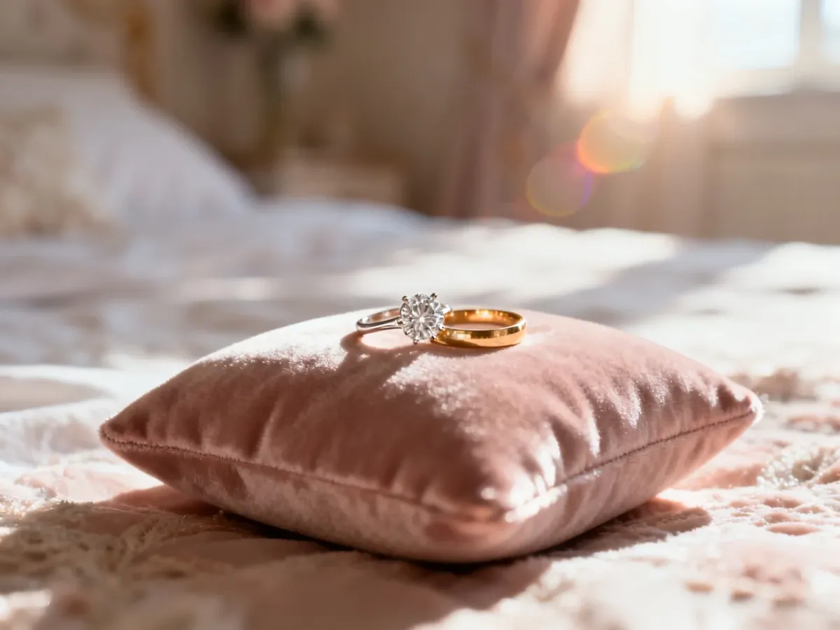 Klasyczny pierścionek zaręczynowy z diamentem oraz złota obrączka ślubna spoczywające na eleganckiej poduszce.