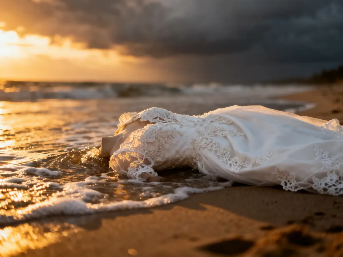Biała suknia ślubna leżąca na piaszczystej plaży w wodzie podczas zachodu słońca, ilustrująca sesję typu trash the dress.