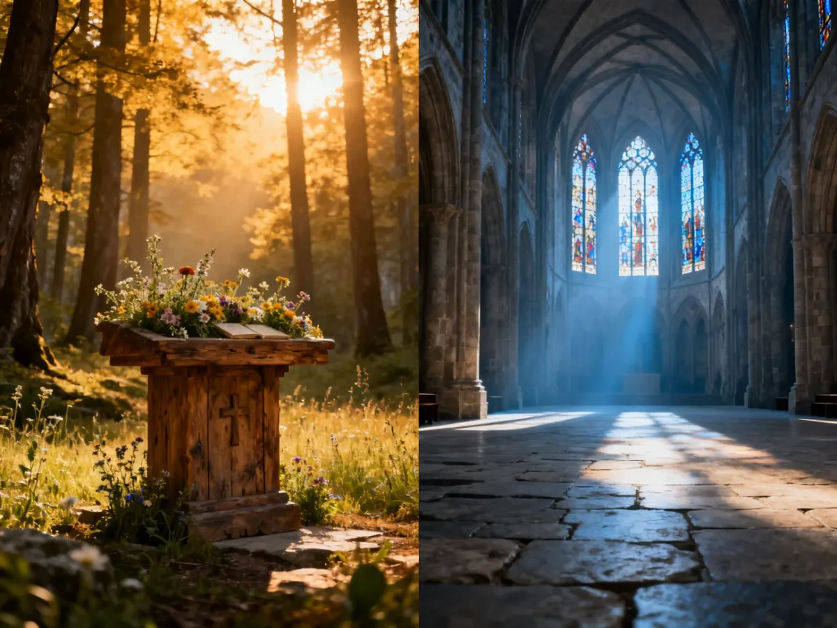 Porównanie dwóch scenerii ślubnych: rustykalnego ołtarza w leśnym plenerze oraz wnętrza majestatycznej katedry.