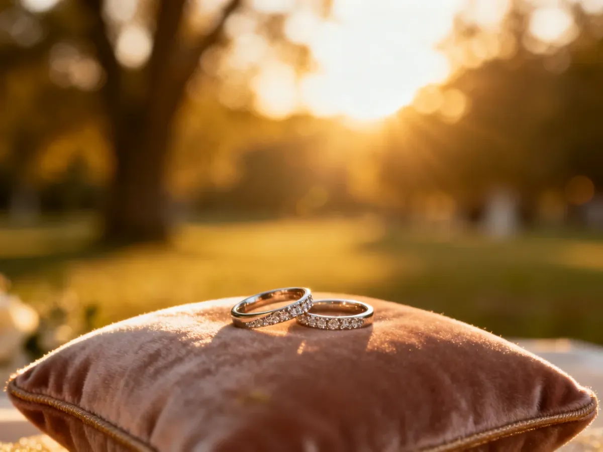 Eleganckie obrączki ślubne na aksamitnej poduszce w promieniach zachodzącego słońca, symbolizujące romantyczny charakter sesji.