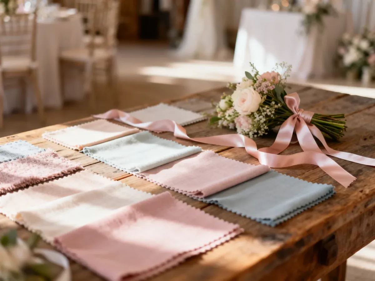Elegancka paleta kolorów ślubnych z pastelowymi tkaninami, wstążkami i kwiatami na drewnianym stole.