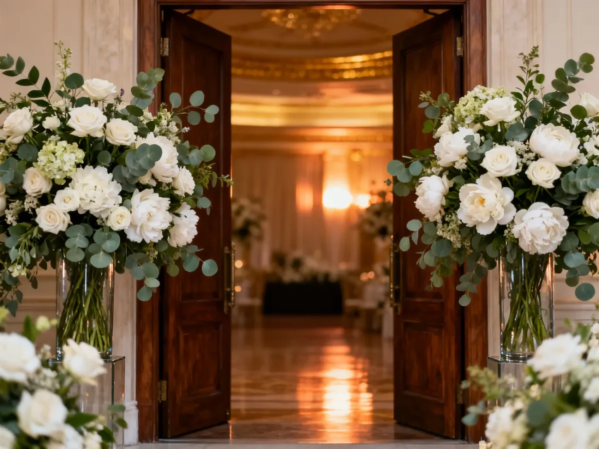 Eleganckie wejście do sali weselnej ozdobione bukietami białych róż i piwonii w wysokich wazonach przy drewnianych drzwiach.