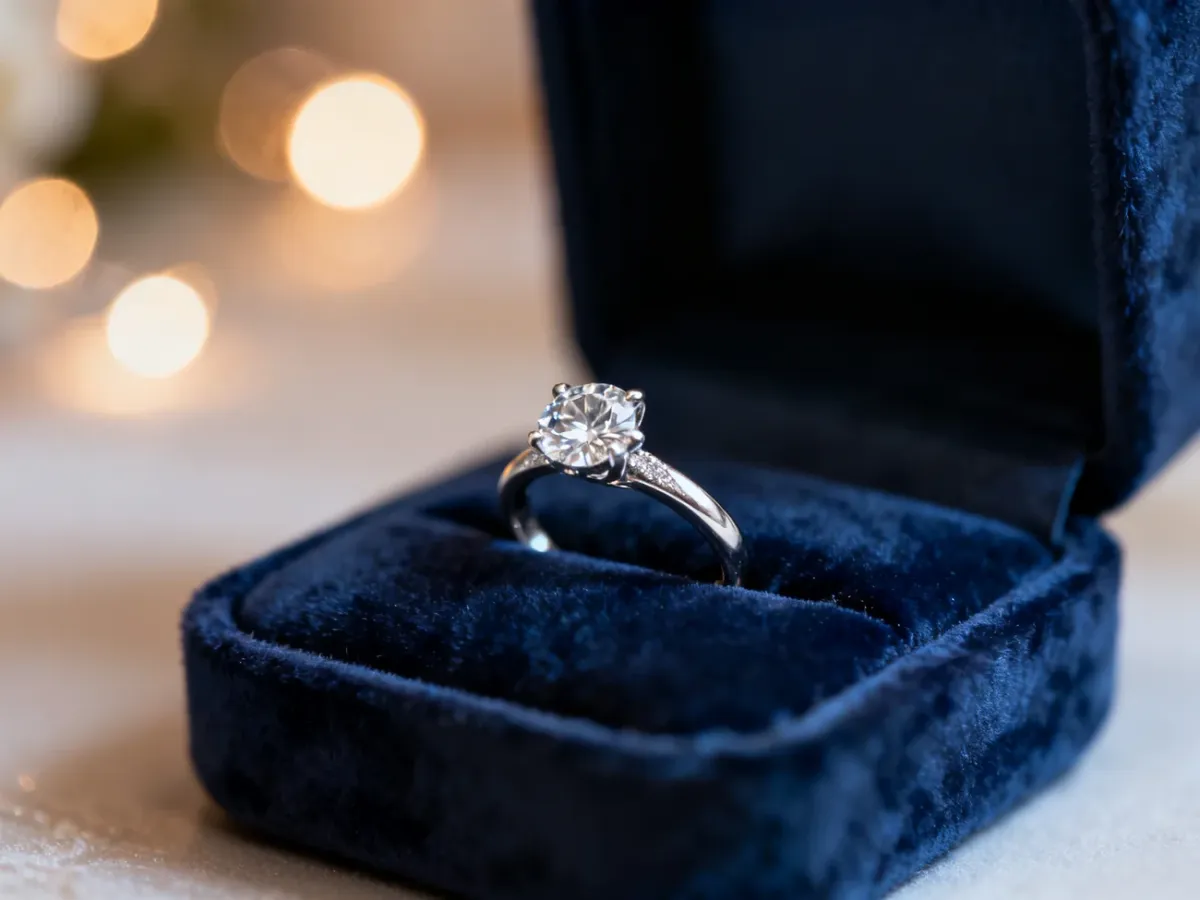 Elegancki pierścionek zaręczynowy z diamentem na aksamitnej poduszce, prezentujący biżuterię w romantycznym otoczeniu.