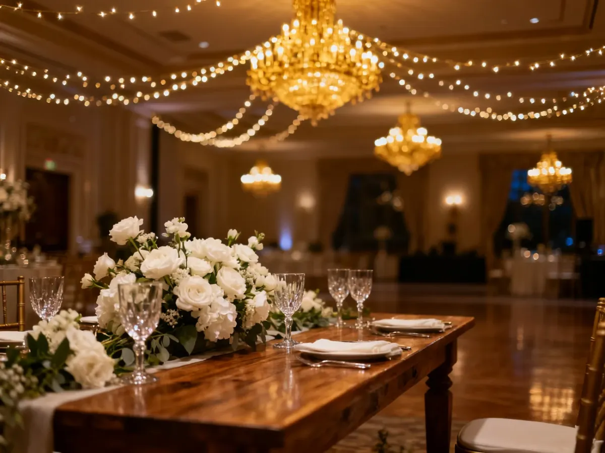 Elegancka sala weselna z pięknie udekorowanym stołem, kwiatami i nastrojowym oświetleniem w tle.