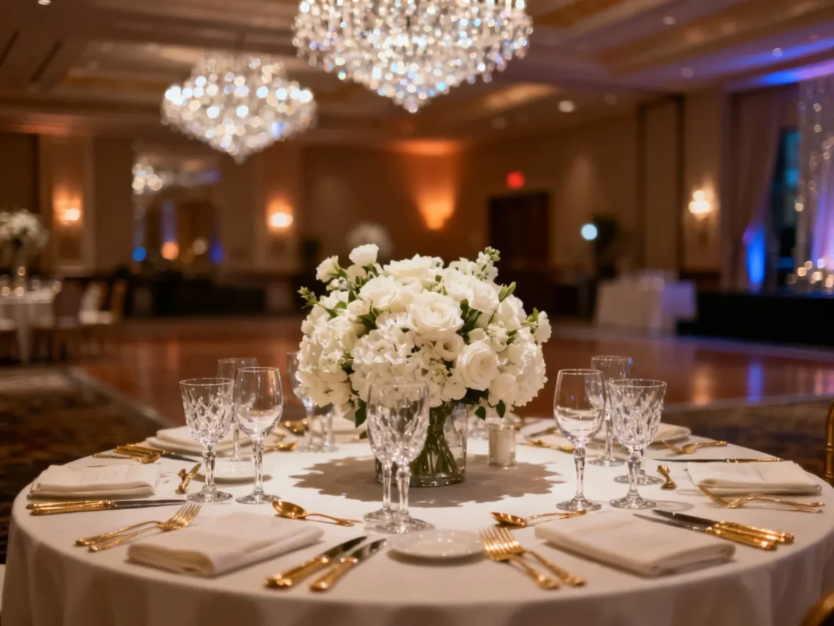 Elegancka sala weselna z bogato nakrytym stołem, kryształowymi żyrandolami i luksusowym wystrojem wnętrza.