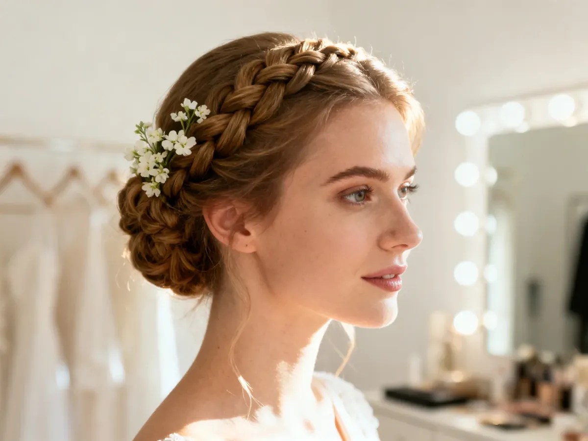 Eleganckie upięcie ślubne z warkoczem i drobnymi białymi kwiatami, idealne do samodzielnego wykonania.