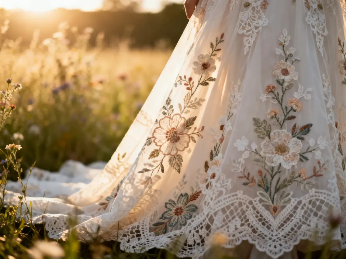 Zbliżenie na misterną koronkę sukni ślubnej w stylu boho, ozdobioną motywami kwiatowymi w ciepłym świetle zachodzącego słońca.