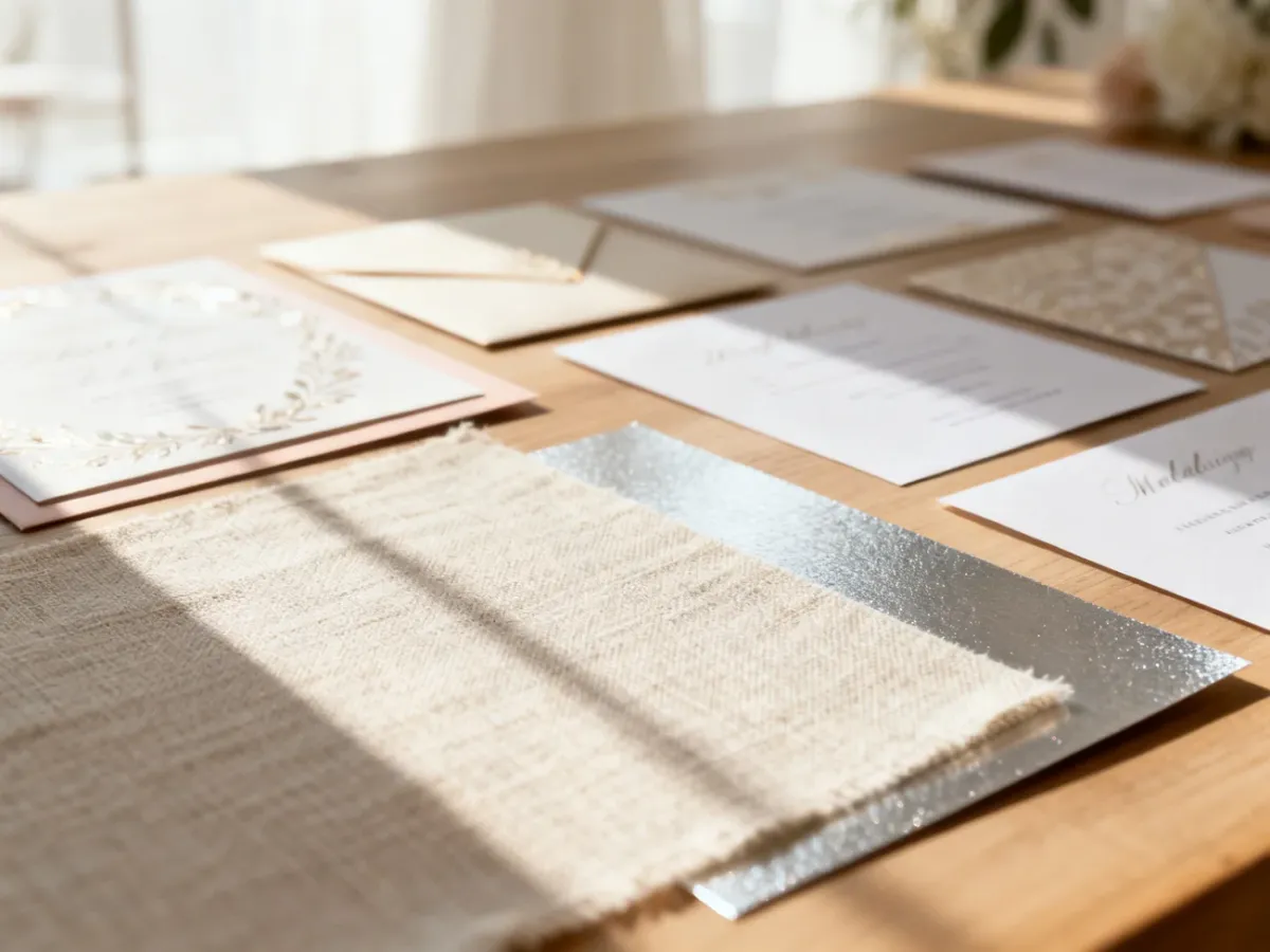 Próbki eleganckich papierów i faktur na zaproszenia ślubne ułożone na drewnianym stole w jasnym, minimalistycznym studiu.