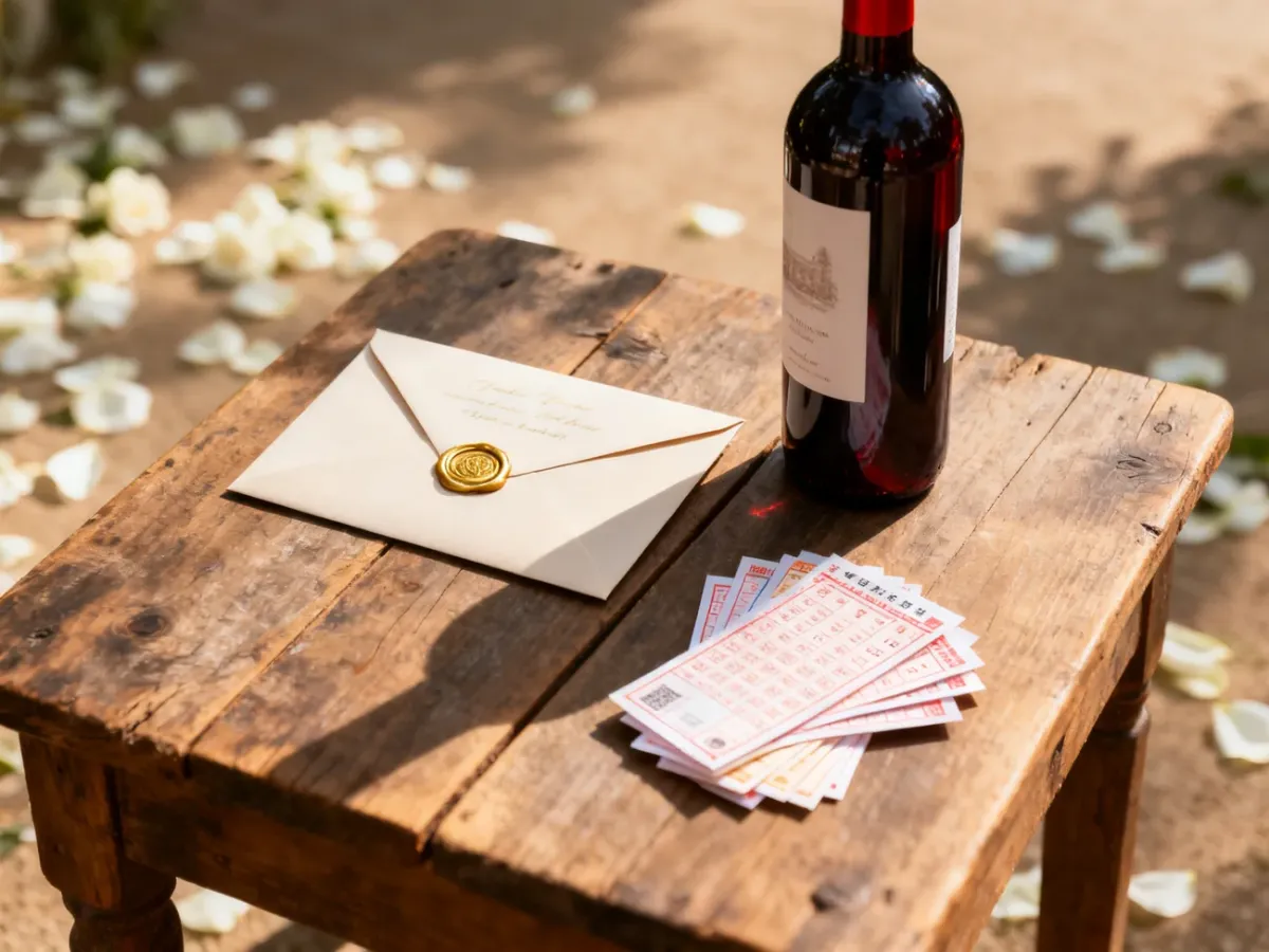 Eleganckie zaproszenie ślubne z winem i kuponami lotto na drewnianym stole, sugerujące prośbę o prezenty zamiast kwiatów.