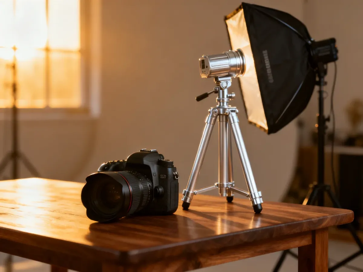 Profesjonalny sprzęt fotograficzny przygotowany do sesji zdjęciowej w słonecznym, studyjnym wnętrzu.