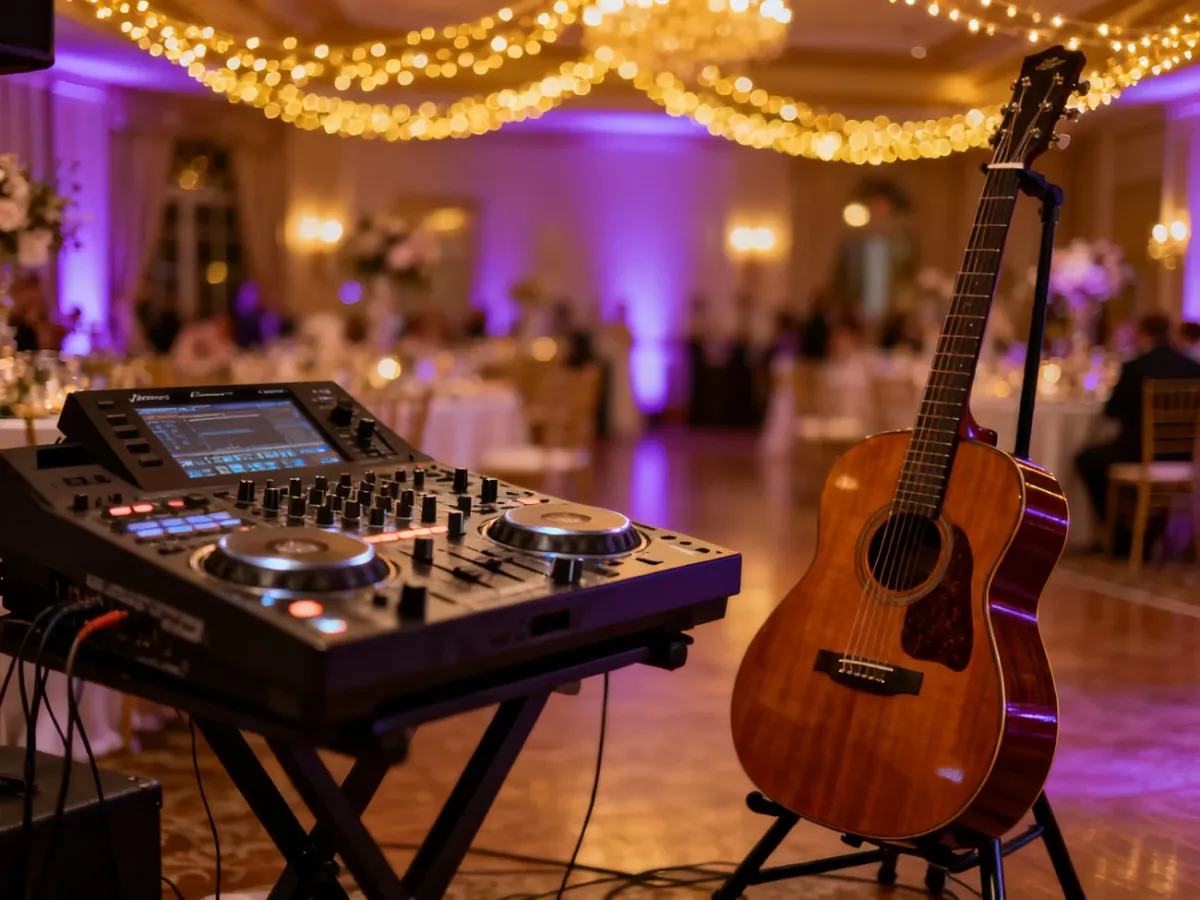 Profesjonalny kontroler DJ-ski oraz gitara akustyczna na tle eleganckiej sali weselnej z nastrojowym oświetleniem.
