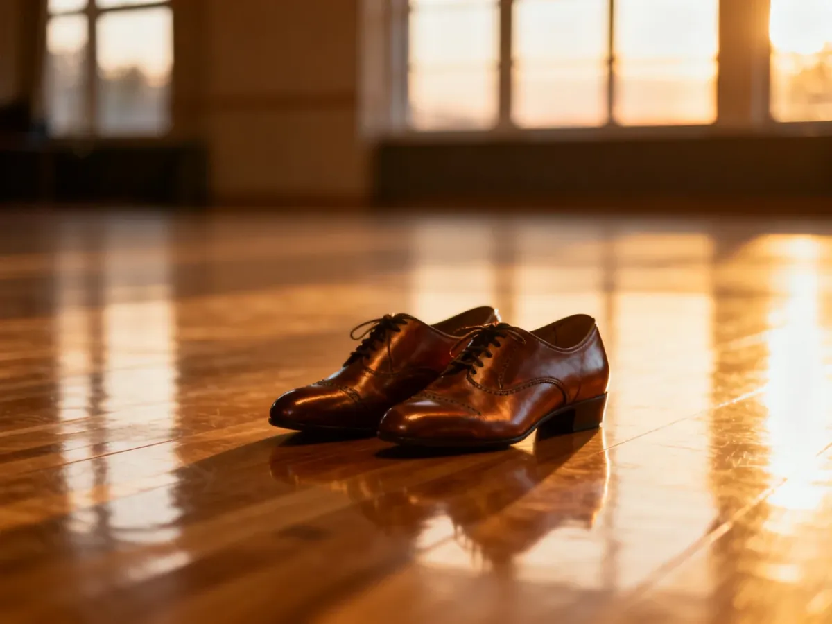 Eleganckie buty do tańca na drewnianym parkiecie w romantycznym, wieczorowym świetle.