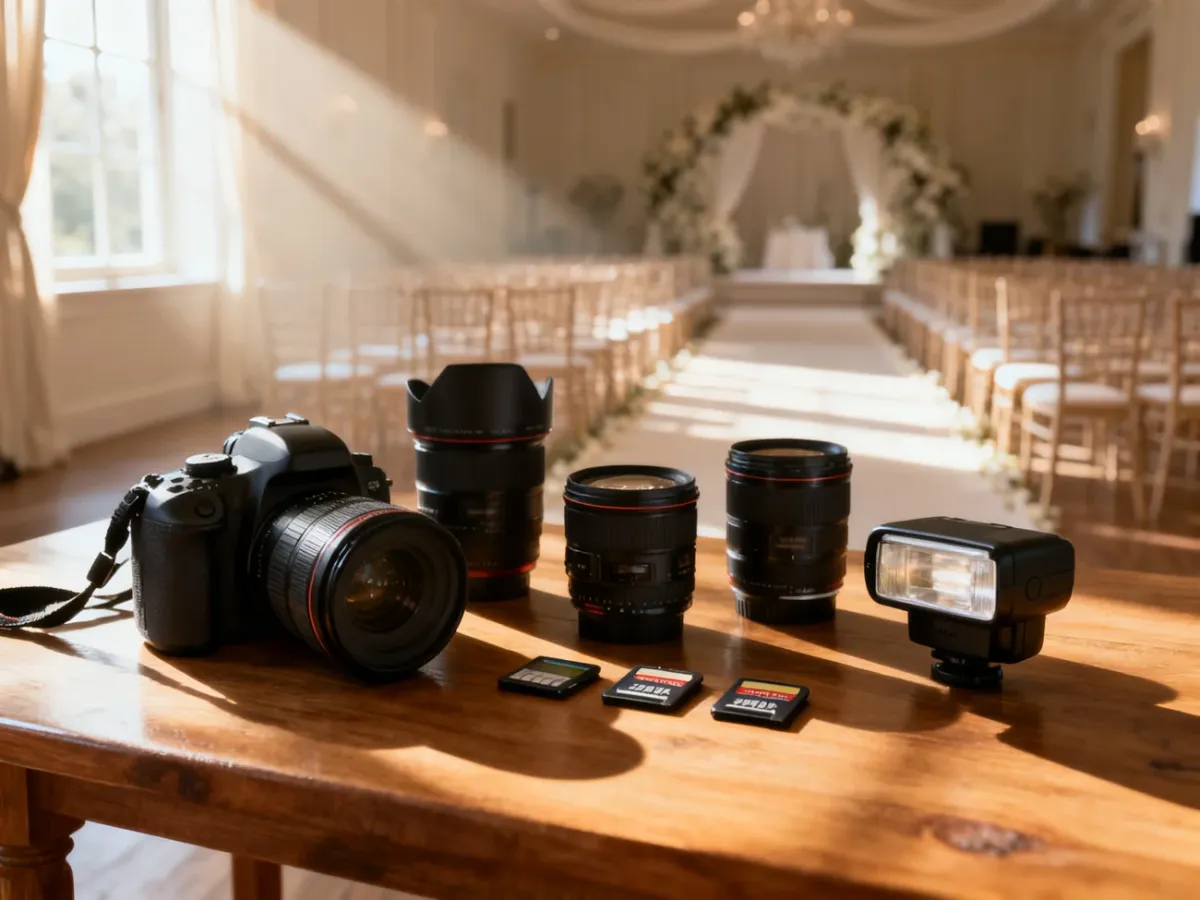 Profesjonalny sprzęt fotograficzny na stole w słonecznym studiu, w tle rozmyty widok na salę weselną.