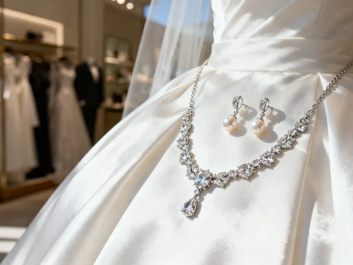 Elegancki srebrny naszyjnik z diamentami i perłowe kolczyki leżące na białej sukni ślubnej w świetle poranka.