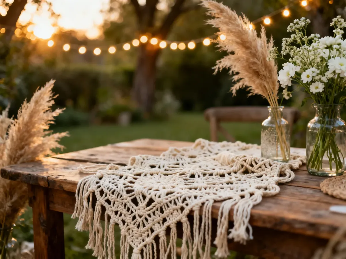 Ręcznie wykonane dekoracje boho z makramy, suszonych traw i kwiatów na drewnianym stole w ogrodzie.