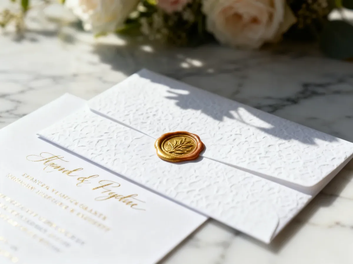 Eleganckie zaproszenie ślubne ze złotymi zdobieniami i lakową pieczęcią na marmurowym blacie.