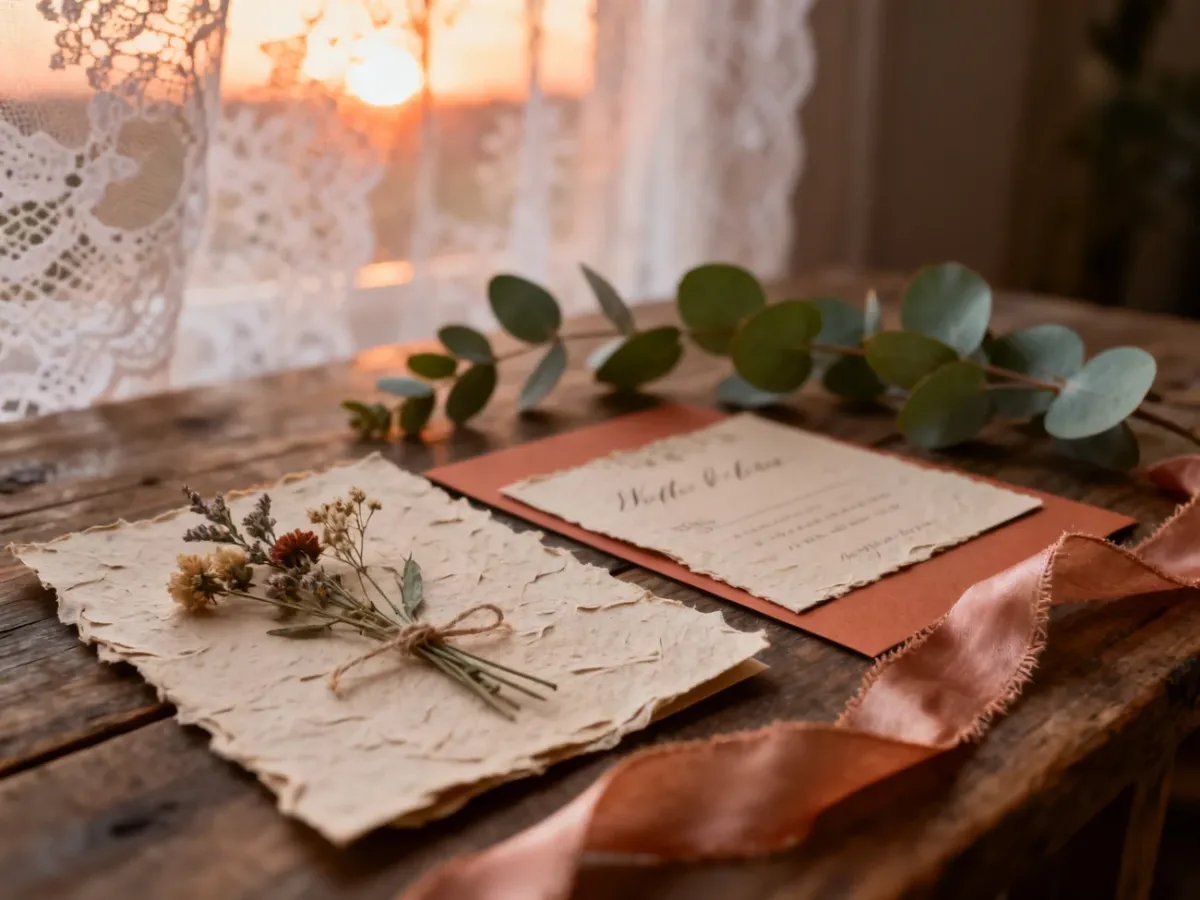 Eleganckie zaproszenia ślubne w stylu boho z suszonymi kwiatami i wstążką na rustykalnym drewnianym stole.