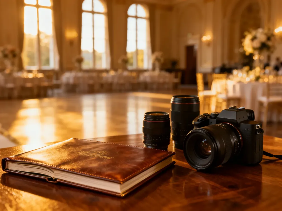 Profesjonalny sprzęt fotograficzny i album ślubny na tle eleganckiej sali weselnej w świetle zachodzącego słońca.