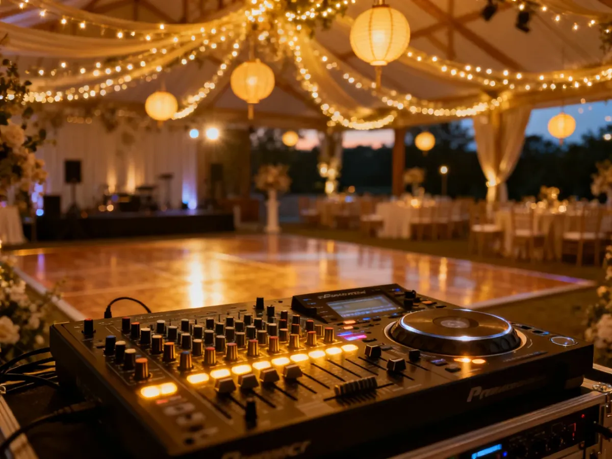 Profesjonalny sprzęt DJ-ski na tle eleganckiej sali weselnej z nastrojowym oświetleniem, gotowy do rozpoczęcia zabawy.