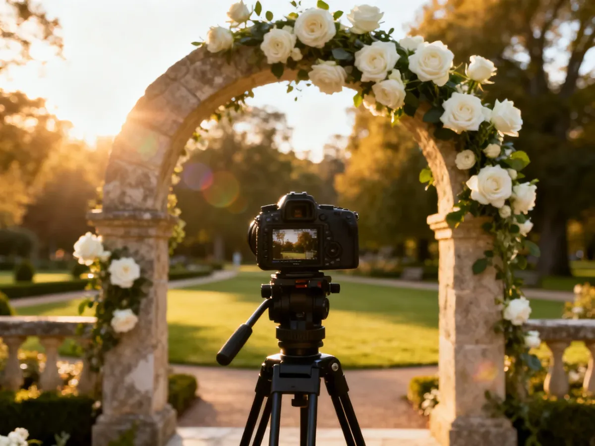 Profesjonalny sprzęt fotograficzny ustawiony w eleganckim ogrodzie przygotowanym do sesji ślubnej.
