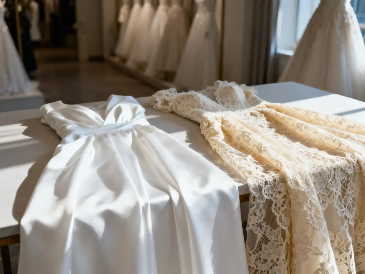 Porównanie próbek materiałów w kolorze śnieżnej bieli oraz ciepłego odcienia ivory, ukazujące różnicę w odcieniach tkanin.