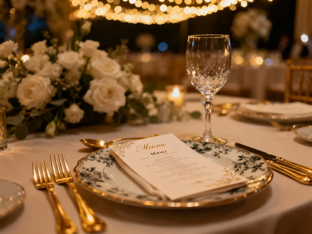 Elegancko nakryty stół weselny z kartą menu na talerzu, złotymi sztućcami i romantycznym oświetleniem w tle.