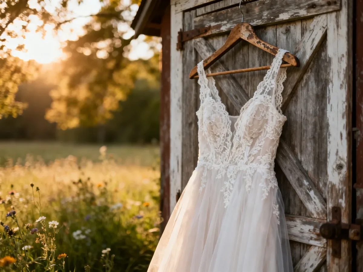 Koronkowa suknia ślubna w stylu rustykalnym zawieszona na drewnianym wieszaku na tle starej stodoły w świetle zachodzącego słońca.