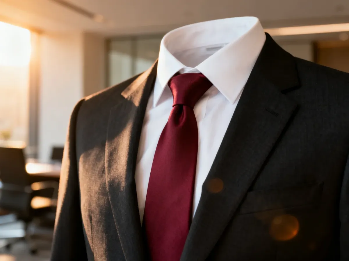 Elegancki bordowy krawat z jedwabiu zestawiony z białą koszulą i czarną marynarką, tworzący klasyczną stylizację wizytową.