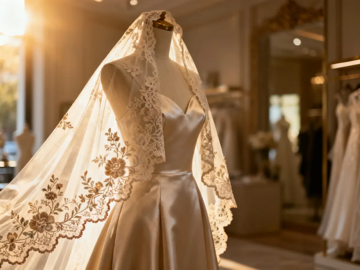 Elegancki hiszpański welon z koronkowymi zdobieniami narzucony na minimalistyczną suknię ślubną w butiku.