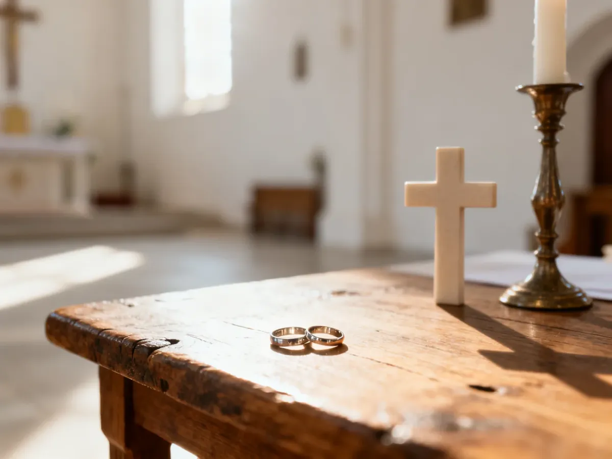 Dwie obrączki ślubne obok symboli różnych religii na drewnianym stole, podkreślające ideę ślubu ekumenicznego.