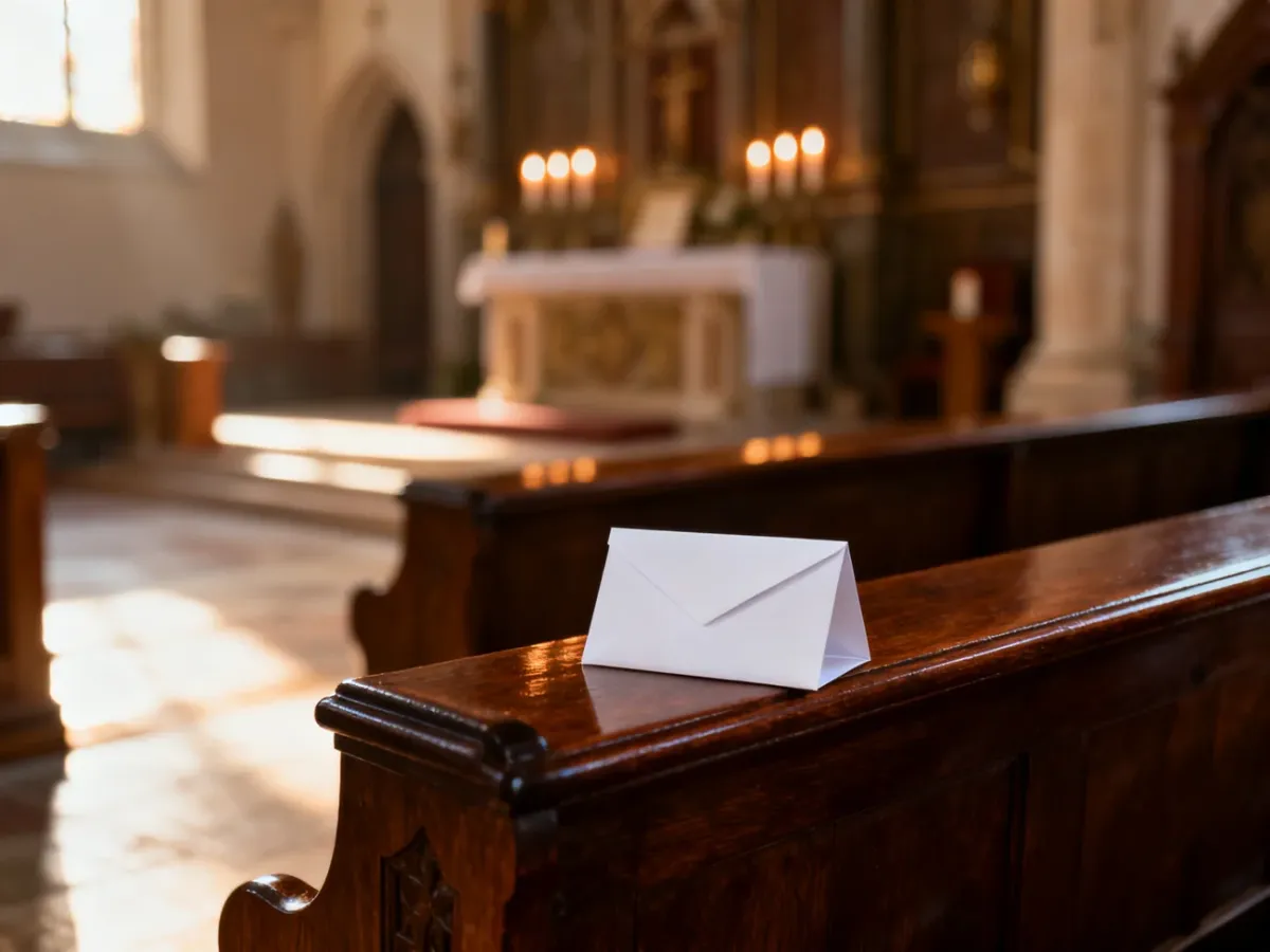 Elegancka biała koperta leżąca na ławce w kościele, symbolizująca ofiarę złożoną podczas ślubu w podniosłej atmosferze.