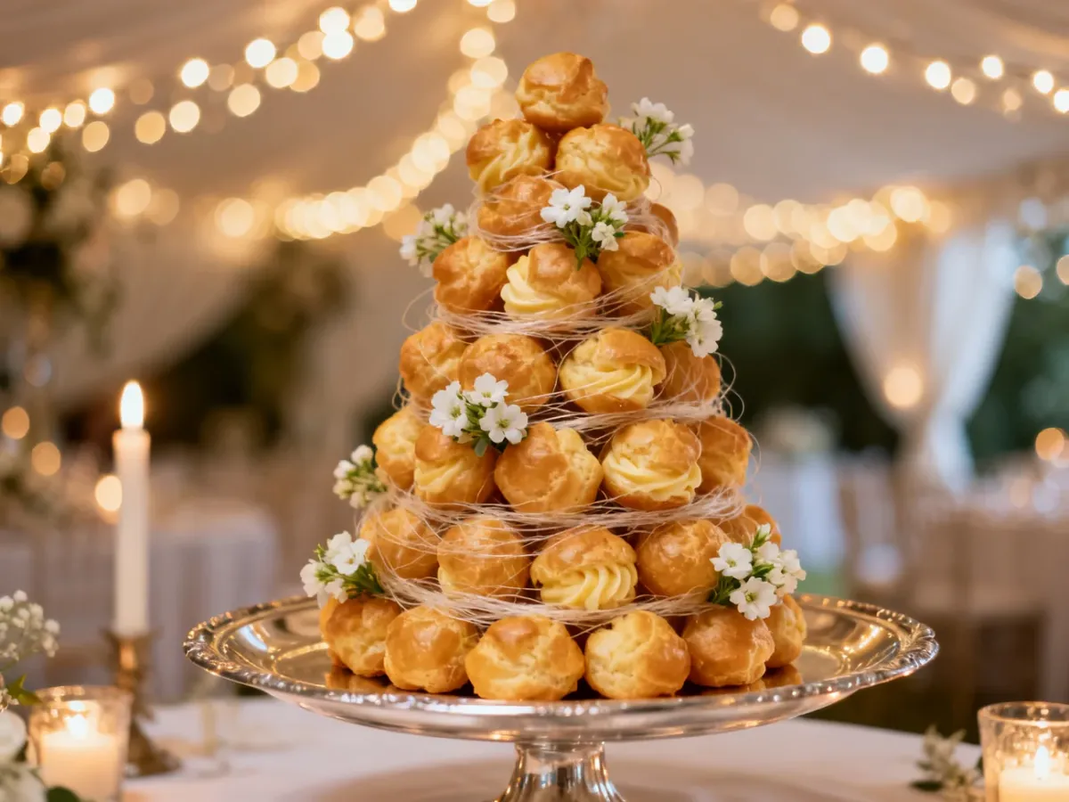 Tradycyjny francuski croquembouche z profiterolek ozdobiony kwiatami na srebrnej paterze w romantycznej scenerii weselnej.