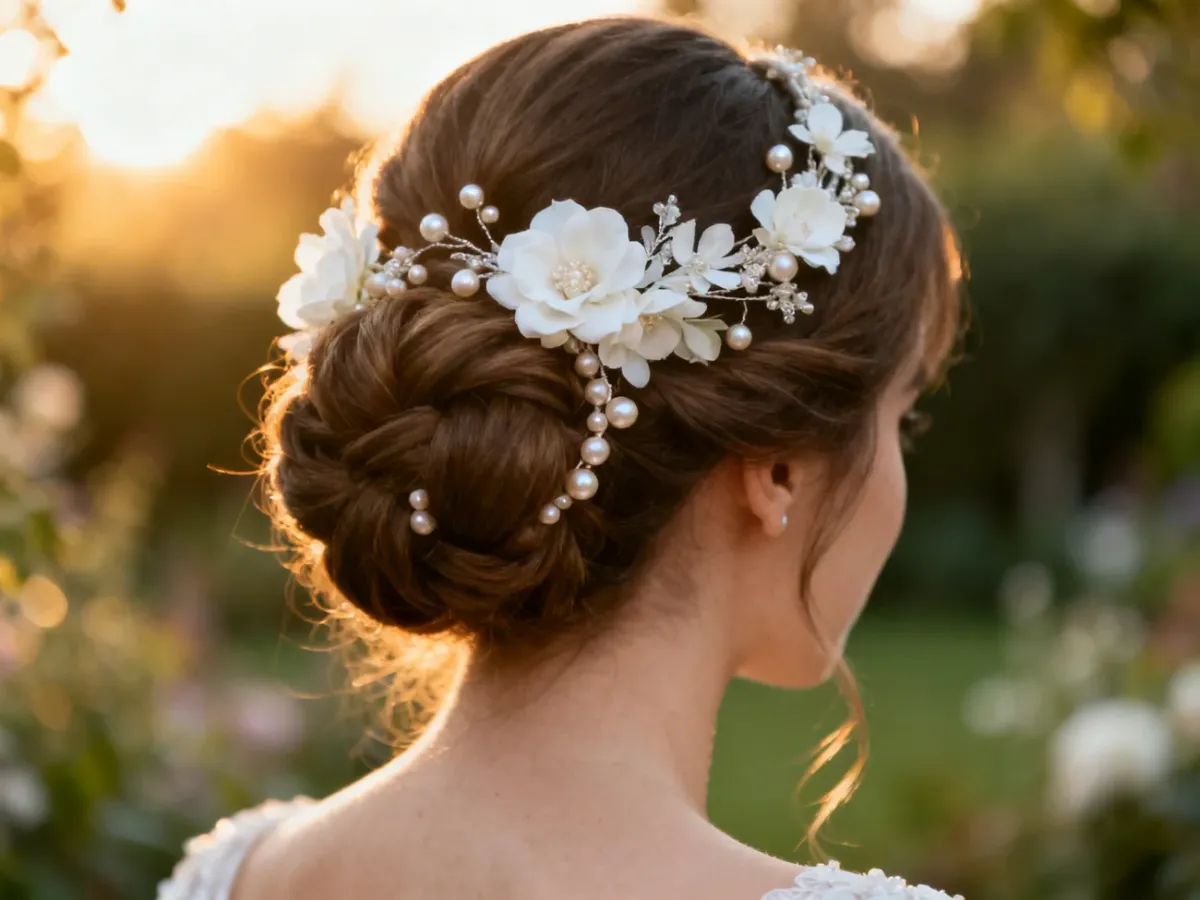 Eleganckie upięcie ślubne ozdobione białymi kwiatami i perłami w romantycznym, ogrodowym otoczeniu.