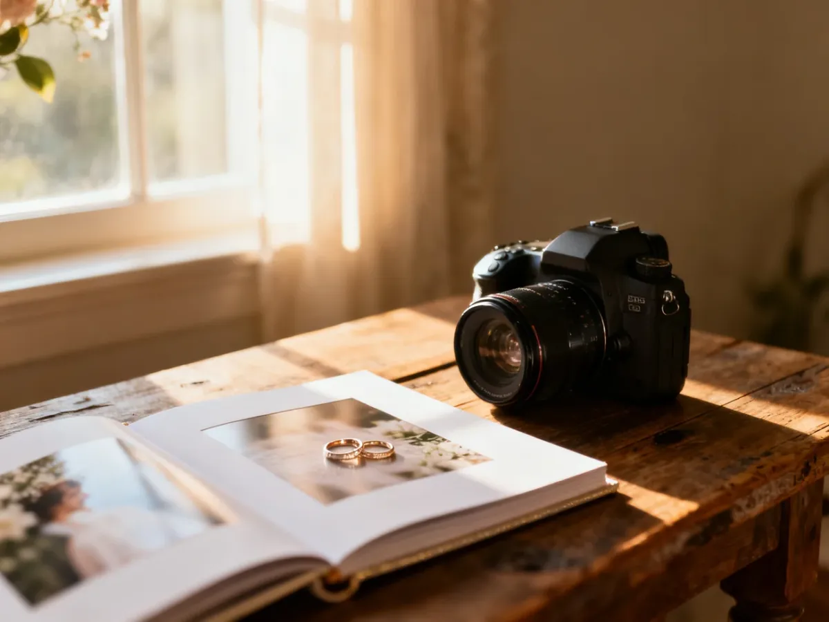Profesjonalny aparat fotograficzny i otwarty album ślubny na drewnianym stole w ciepłym, porannym świetle.