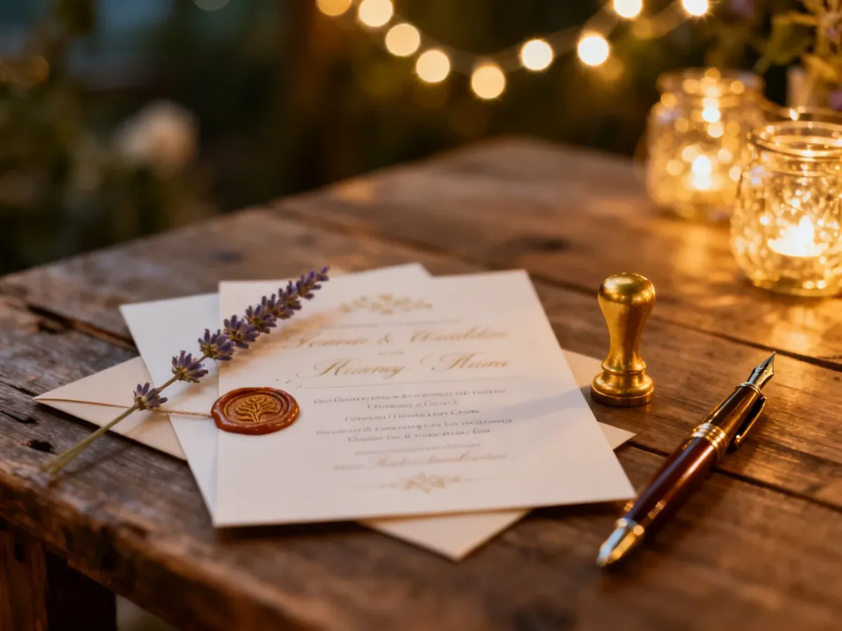 Eleganckie zaproszenia ślubne na drewnianym stole z pieczęcią lakową, piórem i lawendą w romantycznym, ciepłym oświetleniu.