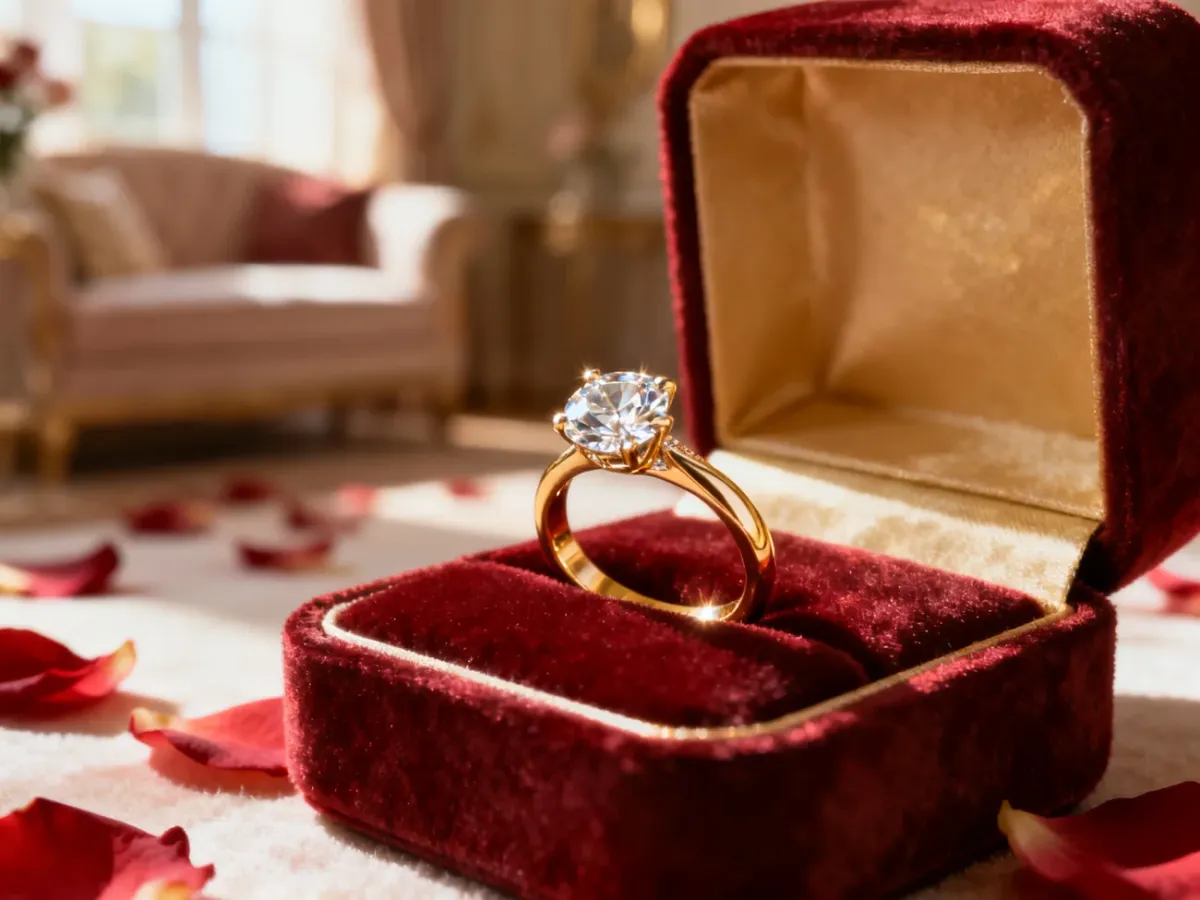 Lśniący pierścionek zaręczynowy z diamentem na aksamitnym pudełku w otoczeniu płatków róż, symbolizujący romantyczne oświadczyny.