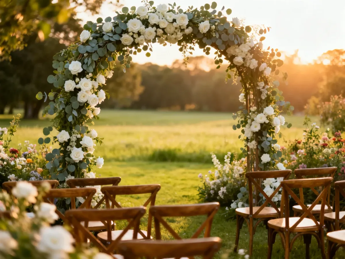 Eleganckie miejsce na ślub w plenerze z kwiatowym łukiem i drewnianymi krzesłami w otoczeniu kwitnącego ogrodu.