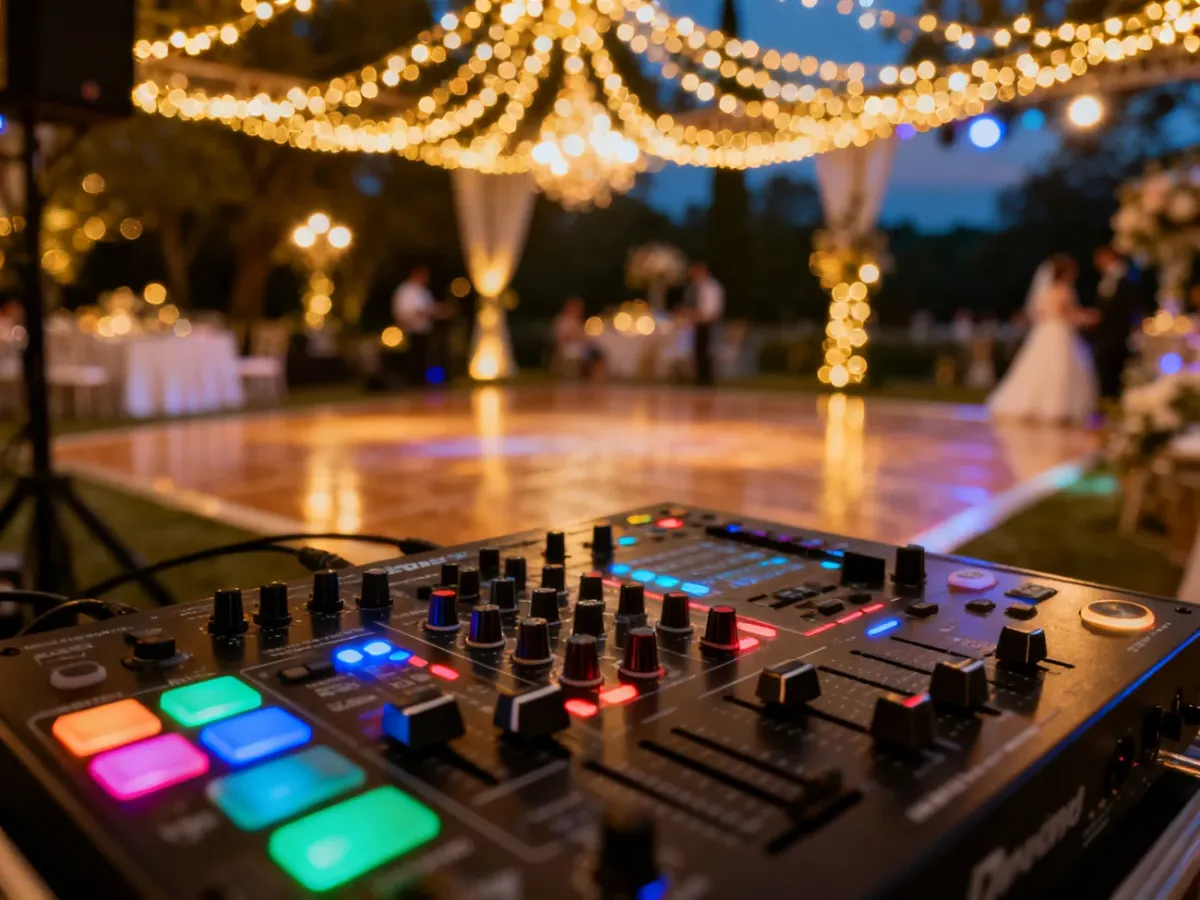 Profesjonalna konsola DJ-ska na tle nastrojowej sali weselnej z ciepłym oświetleniem i parkietem tanecznym.