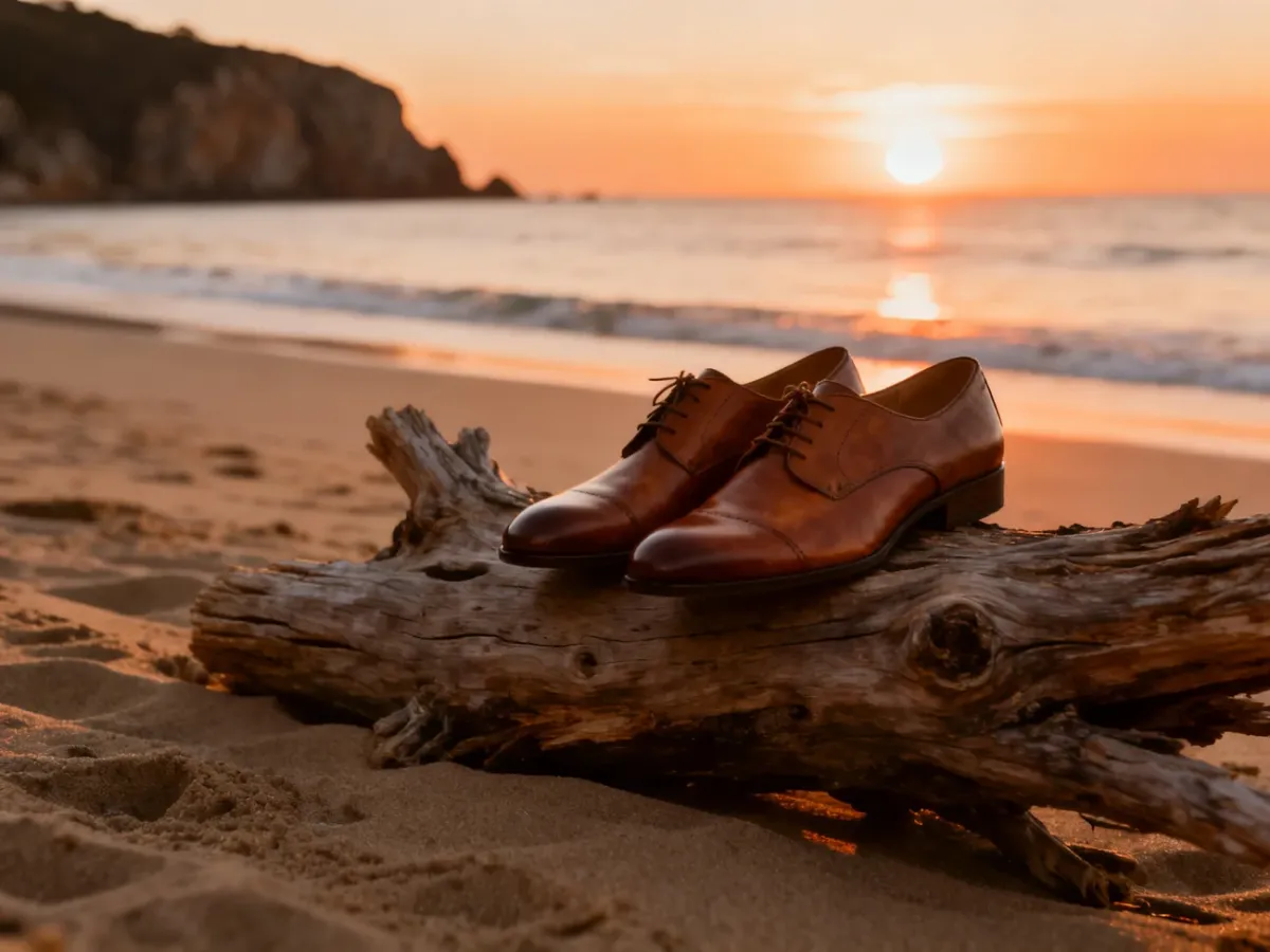 Eleganckie buty ślubne na kawałku drewna na piaszczystej plaży podczas zachodu słońca nad morzem.