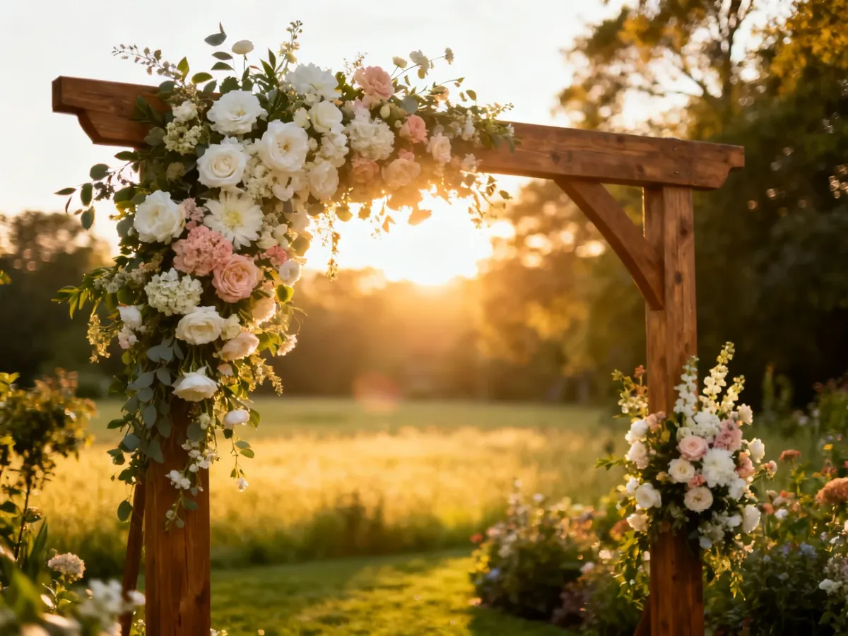 Romantyczna dekoracja ślubna w ogrodzie podczas złotej godziny, idealna na ceremonię w ciepłych miesiącach.