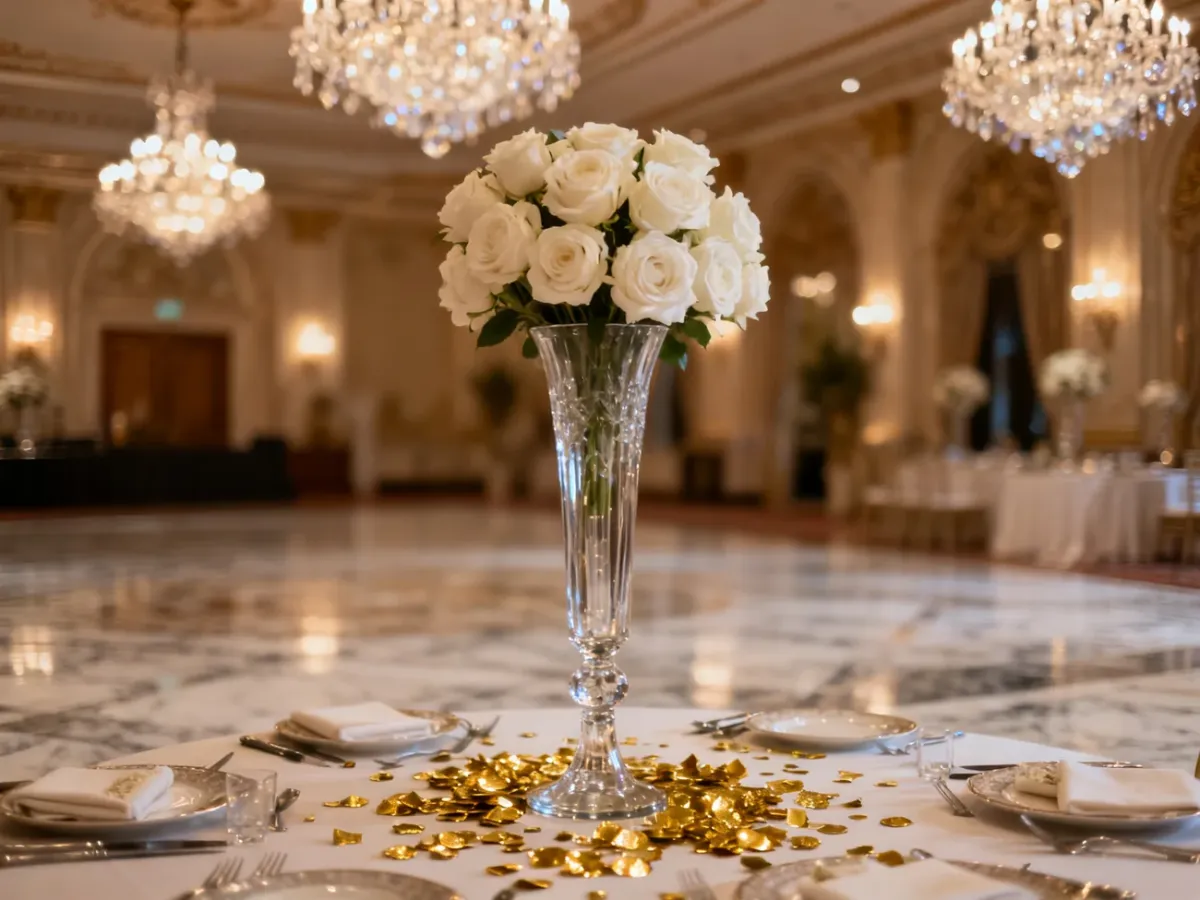 Elegancki stół weselny w stylu glamour z białymi różami, złotymi akcentami i kryształowym oświetleniem w luksusowej sali.