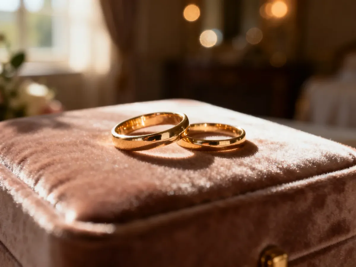 Dwie złote obrączki ślubne leżące na eleganckim aksamitnym materiale w promieniach porannego słońca.