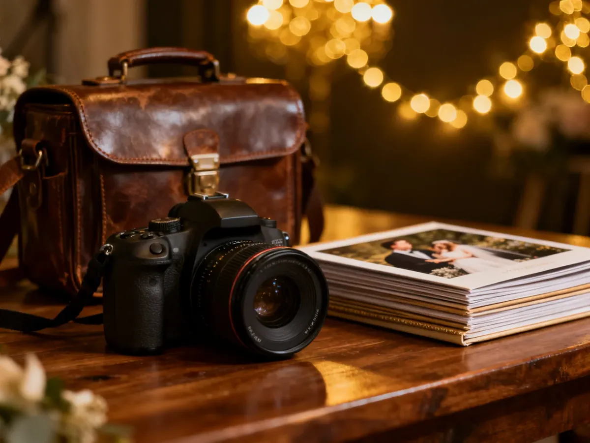 Profesjonalny sprzęt fotograficzny i portfolio ślubne na drewnianym stole w klimatycznym, nastrojowym oświetleniu.