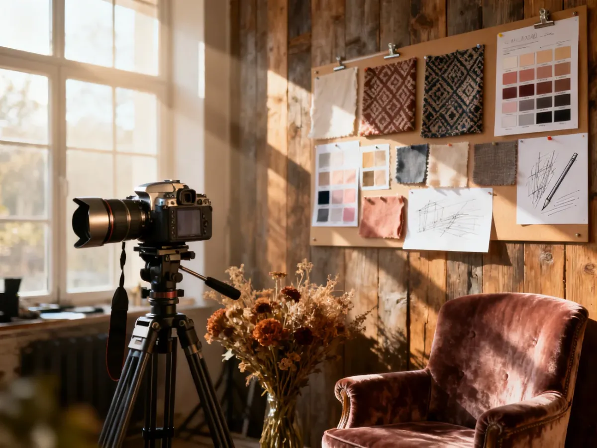 Profesjonalne studio fotograficzne z tablicą inspiracji, aparatem na statywie i stylowym fotelem, gotowe do sesji stylizowanej.