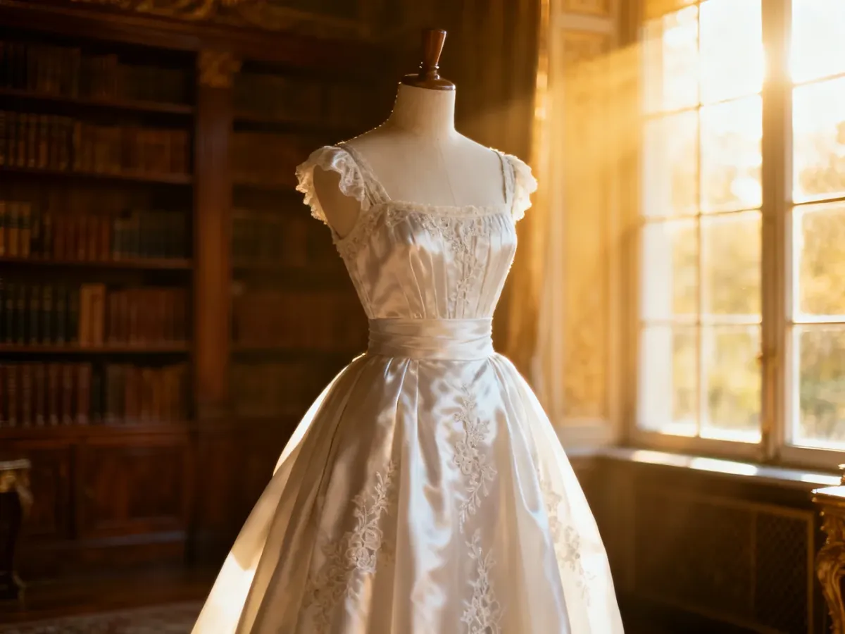 Elegancka suknia w stylu empirowym z wysokim stanem i koronkowymi zdobieniami, wyeksponowana na manekinie w zabytkowym wnętrzu.