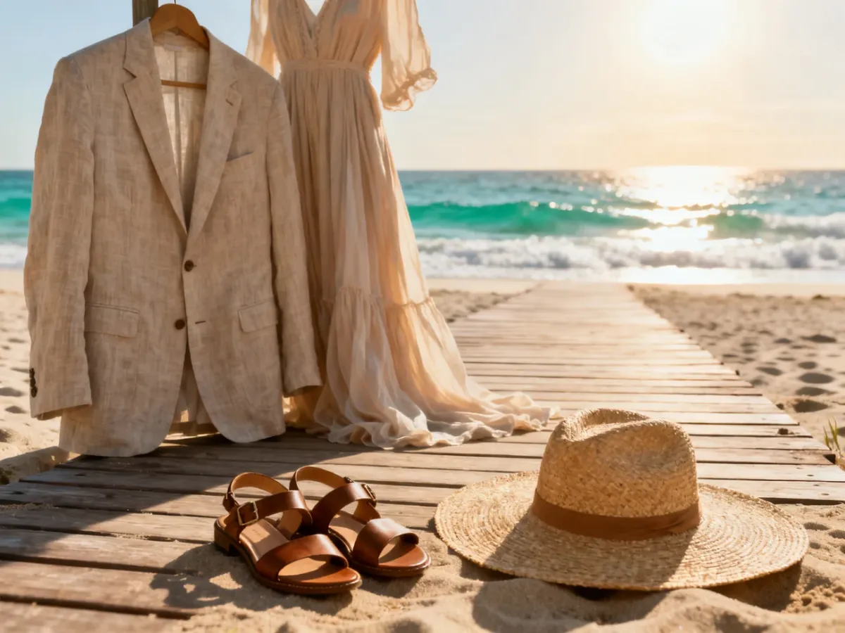 Elegancki lniany garnitur i zwiewna sukienka na drewnianym pomoście prowadzącym na plażę, idealne na ślub w letnim klimacie.