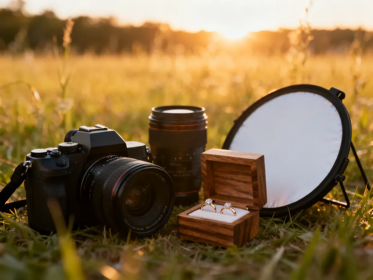 Profesjonalny sprzęt fotograficzny oraz obrączki przygotowane do plenerowej sesji ślubnej w słonecznej scenerii.