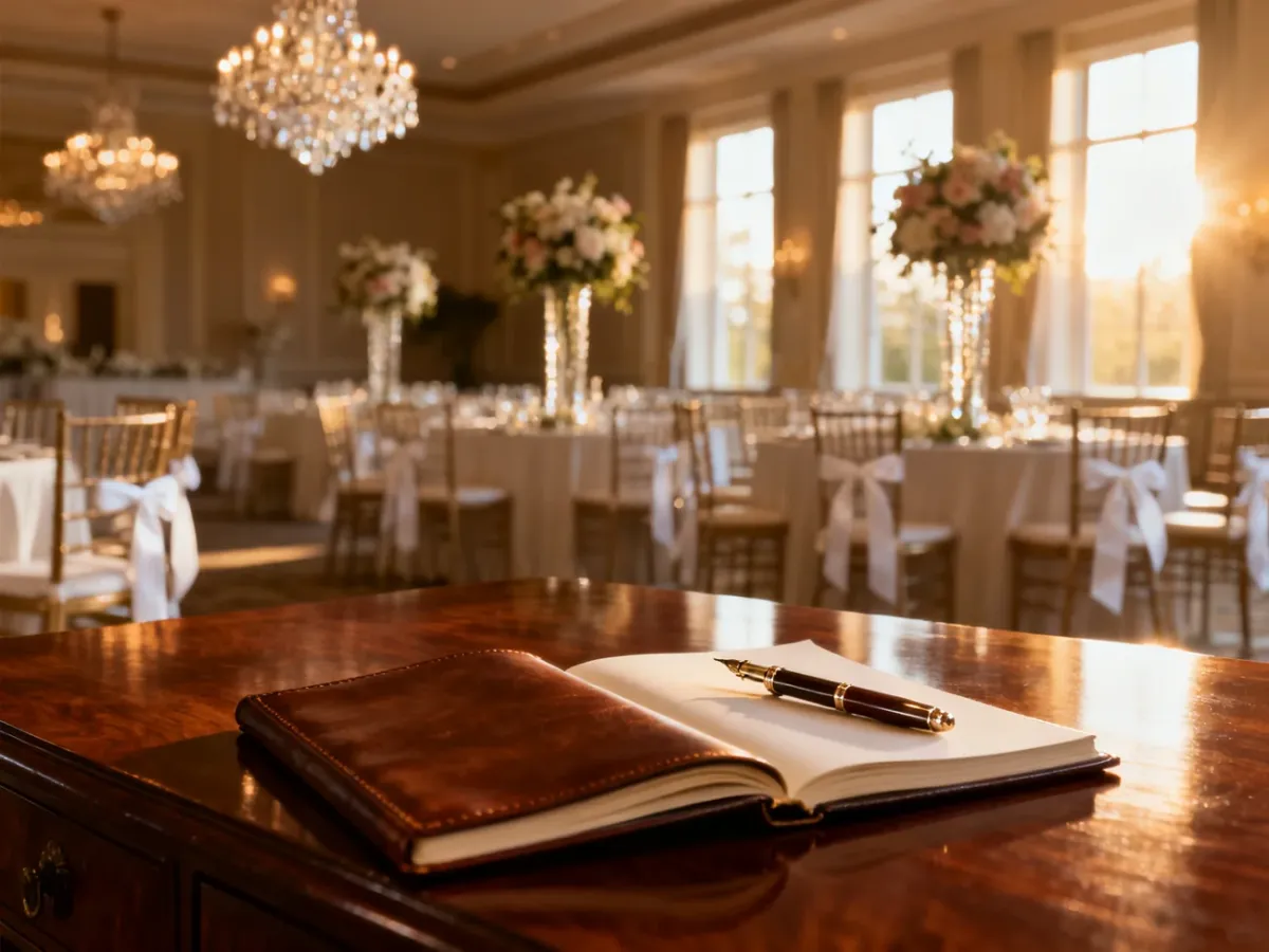Elegancka sala weselna z notatnikiem i piórem na pierwszym planie, gotowa do planowania uroczystości.
