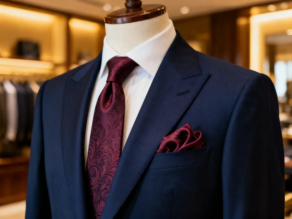 Granatowa marynarka z bordowym krawatem i poszetką w eleganckim butiku. Zestawienie kolorystyczne idealne do formalnych stylizacji.